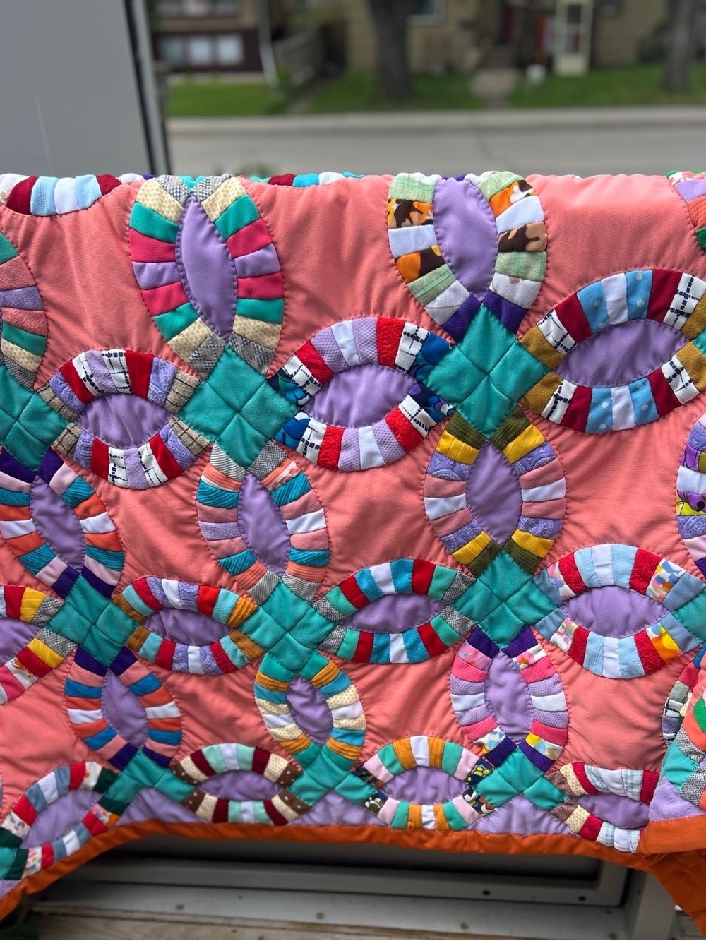 TWIN 1970’s Retro Vintage Dopamine Decor Colorful Double Wedding Ring Quilt.